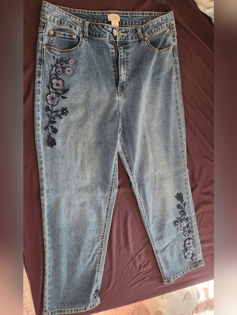 Camila Coelho Blue Straight Leg Jeans with Embroidered Florals